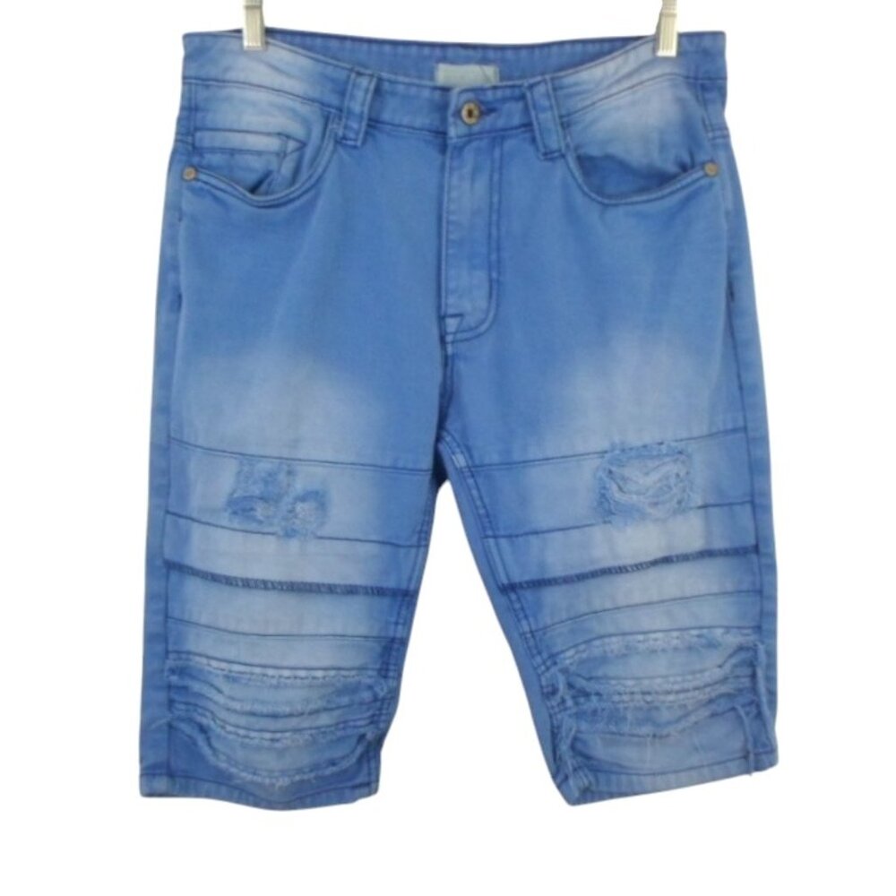 Smoke Rise Rip Repair Denim Shorts Mens 34 Blue Fade Distressed